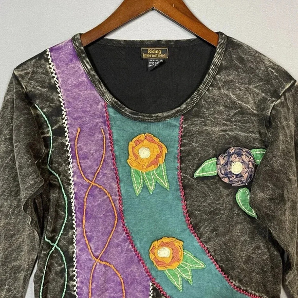 Rising International Top Size Medium M Boho Embroidered 3D Art To Wear Patchwork - Picture 3 of 16